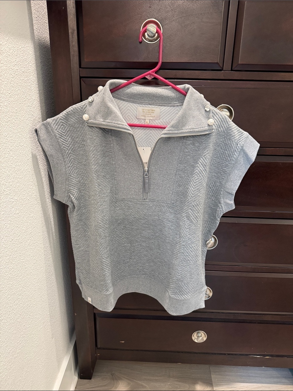 Simply Southern Gray Short-Sleeve Half-Zip Top with Pearl Buttons
